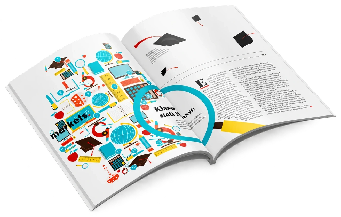 Aufgeschlagenes Magazin mit farbiger Bildungsillustration und Artikel Klasse statt Masse
