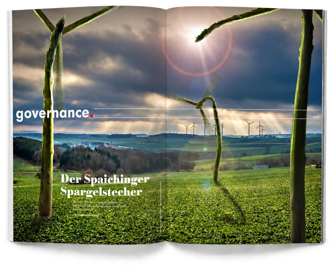 Governance-Doppelseite: Windräder als Spargelstangen in einer Landschaft