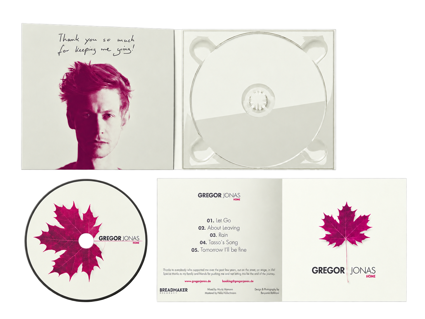 Geöffnetes Home-Digipack, bedruckte CD und Booklet mit Porträt und Ahornblatt