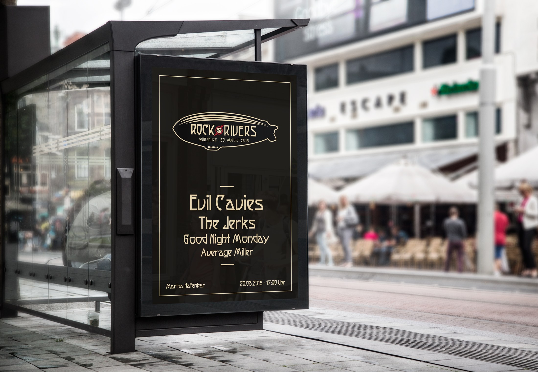 Rock-am-Rivers-Plakat im Stadtbild an einer Haltestelle